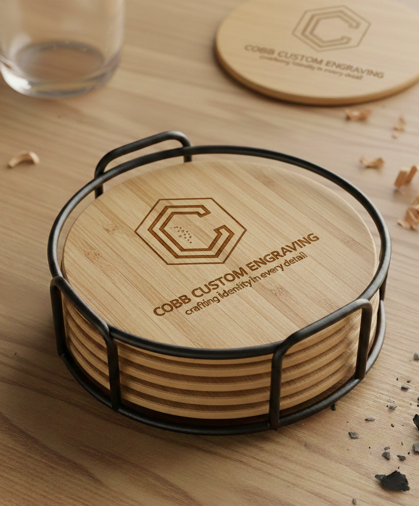 Custom Engraved Bamboo Coaster Set