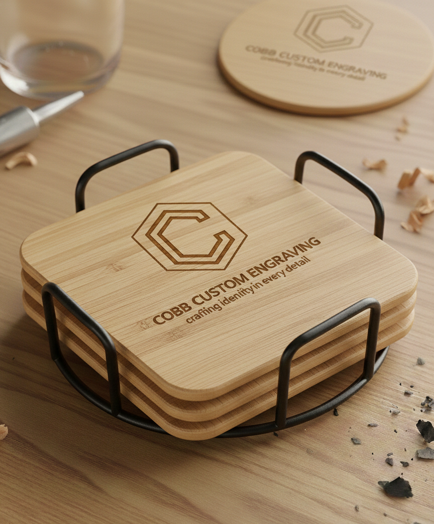 Custom Engraved Bamboo Coaster Set