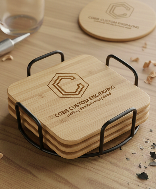 Custom Engraved Bamboo Coaster Set